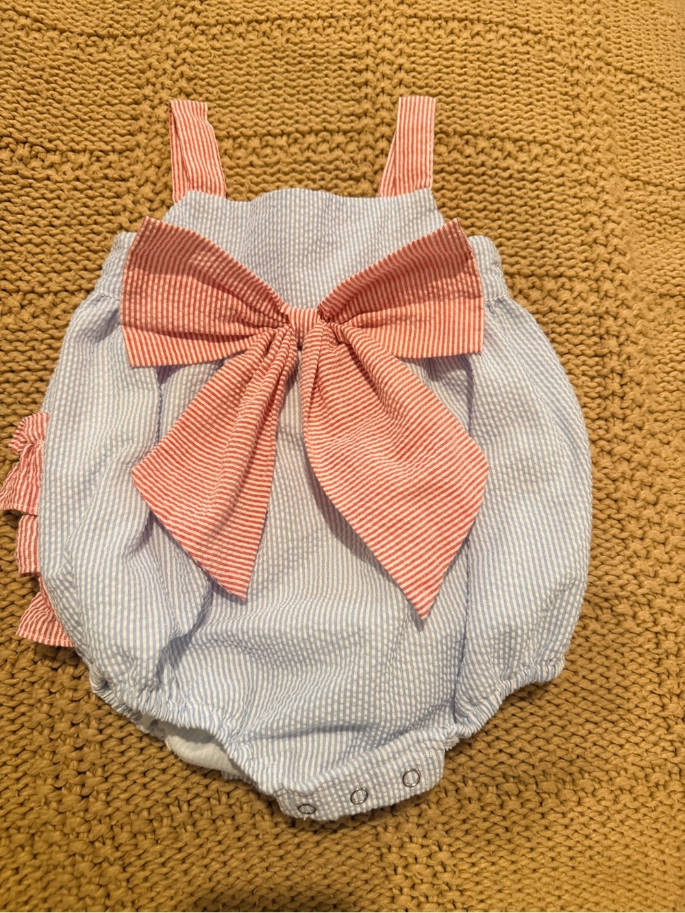 Stitchy Fish 12 month Seersucker Bubble Romper with Bow